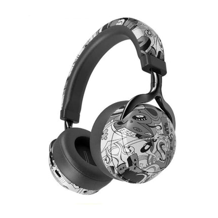 Graffiti On-Ear Wireless Headset With Printed Design showing black graffiti print, Bluetooth headset with padded earcups