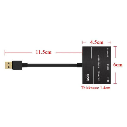 Onten USB Card Reader for XQD and SD Memory Cards black compact reader with cable and measurements shown