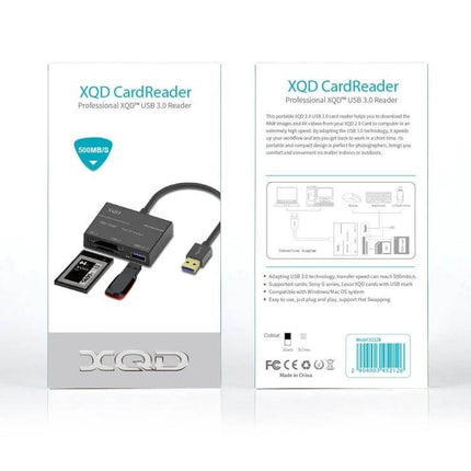 Onten USB Card Reader for XQD and SD Memory Cards - compact USB 3.0 card reader shown with XQD and SD cards