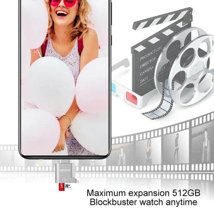 Lenovo D201 Type-C TF Card Reader for Easy File Access plugged into smartphone showing photo transfer and 512GB expansion