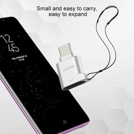 Lenovo D201 Type-C TF Card Reader for Easy File Access connected to smartphone showing compact silver adapter with lanyard