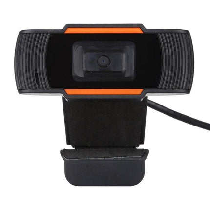 HXSJ Rotatable Webcam with Microphone for Video Calls - front view of black 480P webcam with orange accents and built-in clip