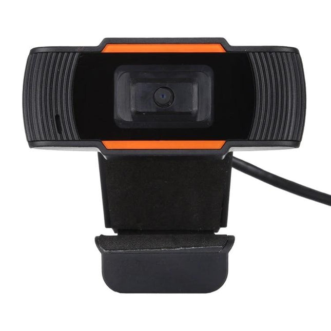HXSJ Rotatable Webcam with Microphone for Video Calls - front view of black 480P webcam with orange accents and built-in clip