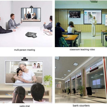 HXSJ Rotatable Webcam with Microphone for Video Calls shown in meeting room, classroom, home video chat, and bank counter scenarios