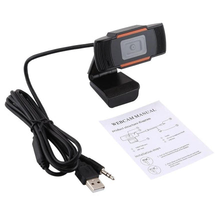 HXSJ Rotatable Webcam with Microphone for Video Calls showing webcam on clip mount with USB and 3.5mm cable and user manual
