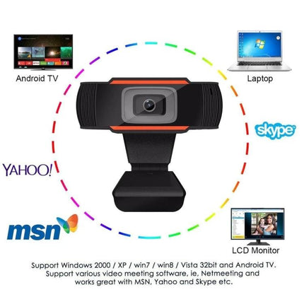 HXSJ Rotatable Webcam with Microphone for Video Calls showing webcam front view compatible with laptop, Android TV, LCD monitor and Skype