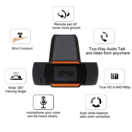 HXSJ Rotatable Webcam with Microphone for Video Calls showing front view, 480P true color, 180° tilt, two-way audio and compact design