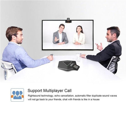 HXSJ Rotatable Webcam with Microphone for Video Calls showing a conference room video call setup with two participants in-person and two on-screen