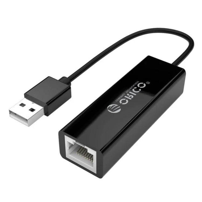 ORICO USB 2.0 to Ethernet Adapter for Wired Network Access black USB-to-RJ45 dongle providing stable wired connection for laptops and PCs