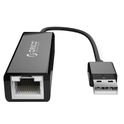 ORICO USB 2.0 to Ethernet Adapter for Wired Network Access — compact black USB-to-RJ45 adapter for stable wired internet on laptops and PCs