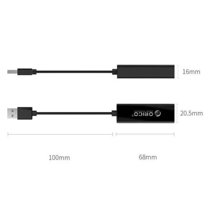ORICO USB 2.0 to Ethernet Adapter for Wired Network Access - compact black adapter with 100mm cable and 68mm housing dimensions