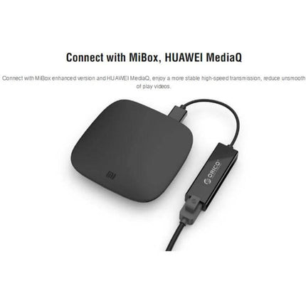 ORICO USB 2.0 to Ethernet Adapter for Wired Network Access connected to a MiBox streaming device showing stable wired connection