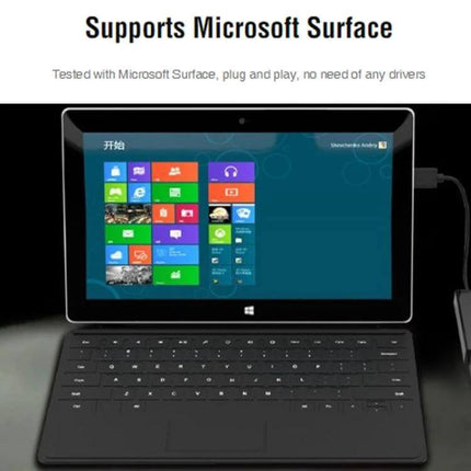 ORICO USB 2.0 to Ethernet Adapter for Wired Network Access plugged into a Microsoft Surface tablet showing Windows start screen
