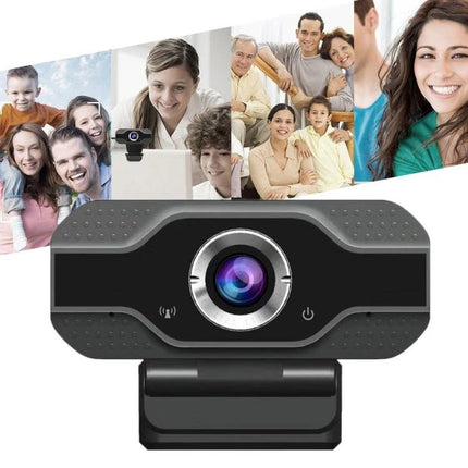 High-Definition Webcam with Built-In Microphone for Video Calls and Streaming showing 1080p camera with wide-angle lens, auto light correction and noise reduction