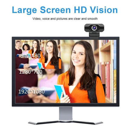 High-Definition Webcam with Built-In Microphone for Video Calls and Streaming showing monitor with student portrait 1080p wide-angle and low-noise audio