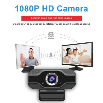 High-Definition Webcam with Built-In Microphone for Video Calls and Streaming showing 1080p camera, wide-angle view, auto light correction and reduced background noise