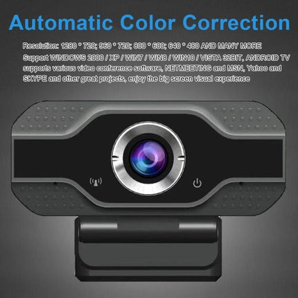 High-Definition Webcam with Built-In Microphone for Video Calls and Streaming showcasing 1080p lens, automatic color correction and wide-angle mount