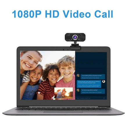 High-Definition Webcam with Built-In Microphone for Video Calls and Streaming shown mounted on laptop streaming a 1080p group video call with automatic light correction