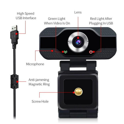 High-Definition Webcam with Built-In Microphone for Video Calls and Streaming showing lens, microphone, USB cable, indicator lights, anti-jamming ring and screw hole