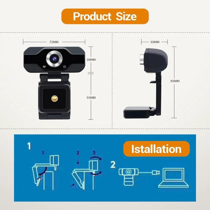 High-Definition Webcam with Built-In Microphone for Video Calls and Streaming showing product dimensions and installation diagram