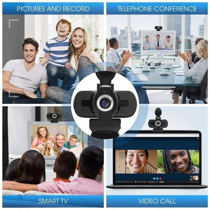 Web Camera with Built-in Microphone for Video Calls and Streaming showing family, conference room, smart TV and laptop video call