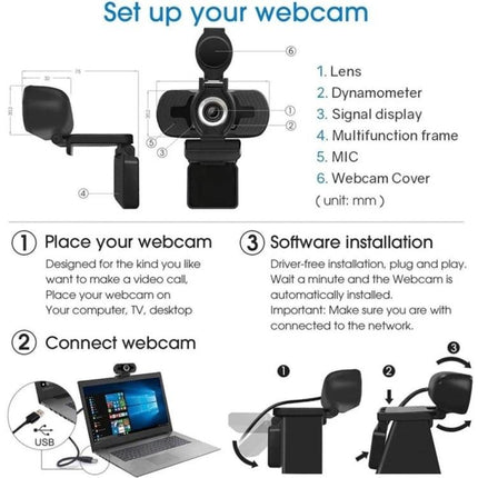 Web Camera with Built-in Microphone for Video Calls and Streaming - diagram showing setup, USB connection, mic, light enhancement