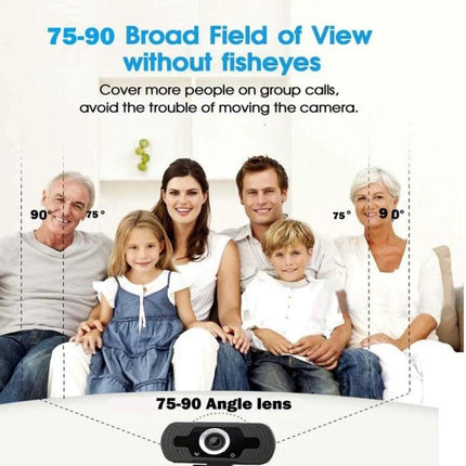 Web Camera with Built-in Microphone for Video Calls and Streaming showing a family on a sofa with 75-90° wide field of view and low-light enhancement
