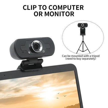 Web Camera with Built-in Microphone for Video Calls and Streaming mounted on laptop display with clip and tripod option, low-light enhancement and noise reduction