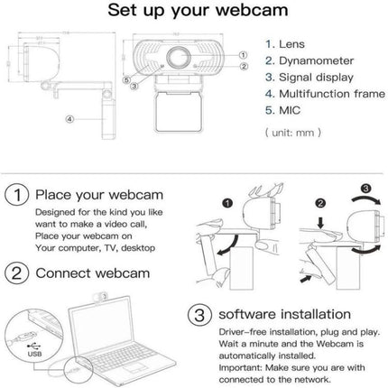 Web Camera with Built-in Microphone for Video Calls and Streaming setup diagram showing lens, mic, placement, USB connection and software installation