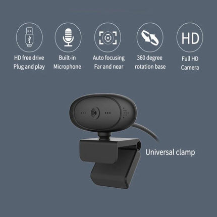 High-Quality USB Webcam for Video Calls and Streaming with 1080p HD, auto light enhancement, built-in mic and universal clamp, plug-and-play USB
