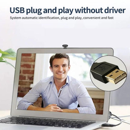 High-Quality USB Webcam for Video Calls and Streaming showing laptop with smiling man on-screen and USB plug-and-play connector