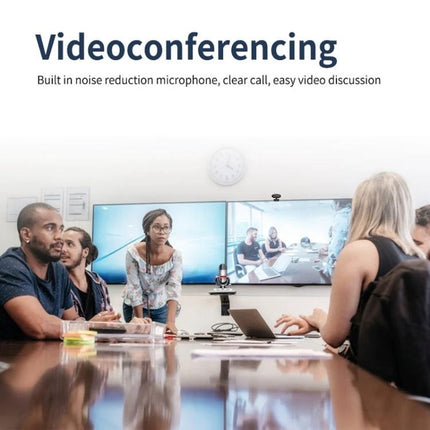 High-Quality USB Webcam for Video Calls and Streaming showing a conference room videoconference with clear 1080p video and auto light enhancement