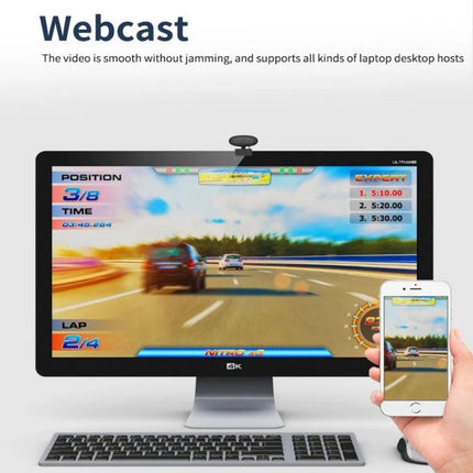 High-Quality USB Webcam for Video Calls and Streaming mounted atop monitor showing game webcast and smartphone mirroring screen
