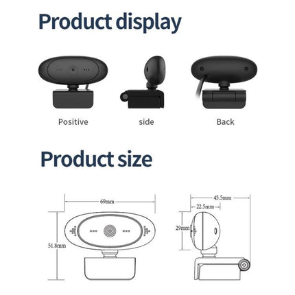 High-Quality USB Webcam for Video Calls and Streaming showing front, side, back views and product size diagram