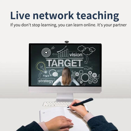 High-Quality USB Webcam for Video Calls and Streaming capturing a student taking notes during live network teaching with 1080p, USB plug-and-play and low-light enhancement.