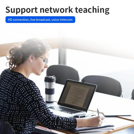 High-Quality USB Webcam for Video Calls and Streaming showing a woman teaching via laptop with clear 1080p video and low-light enhancement