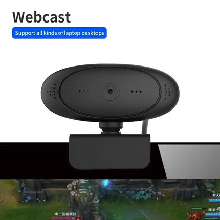 High-Quality USB Webcam for Video Calls and Streaming showing clip-on design, 1080p HD lens, USB connection and low-light enhancement