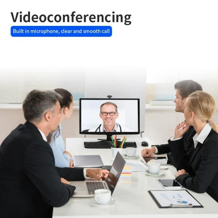 High-Quality USB Webcam for Video Calls and Streaming showing business team in videoconference with built-in microphone and 1080p clarity