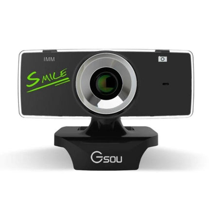 HD USB Webcam with Built-in Microphone for Video Calls showing black webcam on desktop mount with lens centered and “Smile” text