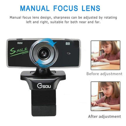 HD USB Webcam with Built-in Microphone for Video Calls showing manual focus lens and before/after adjustment images