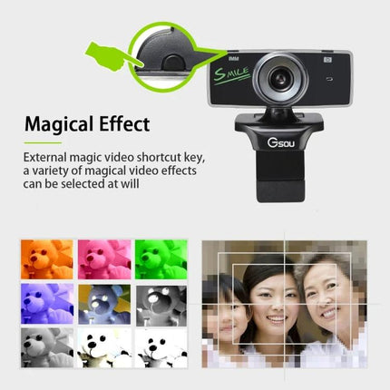 HD USB Webcam with Built-in Microphone for Video Calls showing webcam, built-in mic, clip mount and magic video effect samples