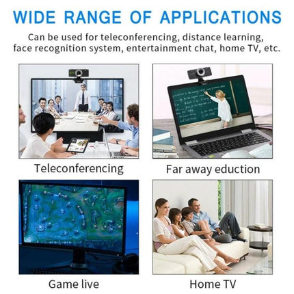 HD USB Webcam with Built-in Microphone for Video Calls mounted on laptop for teleconferencing, distance learning, streaming and home TV use