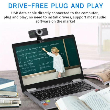 HD USB Webcam with Built-in Microphone for Video Calls mounted on laptop showing online teaching, plug-and-play USB 480P webcam for video calls