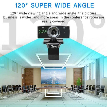 HD USB Webcam with Built-in Microphone for Video Calls showing 120° super wide angle coverage in a conference room setting