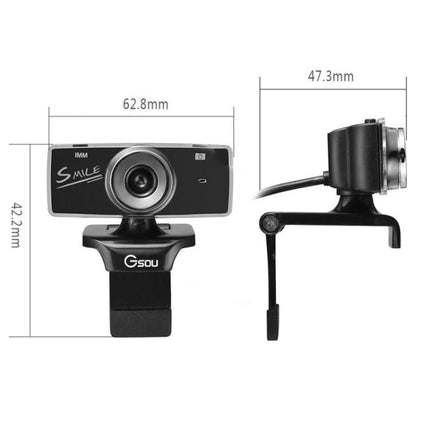 HD USB Webcam with Built-in Microphone for Video Calls showing front and side views with clip mount and dimensions