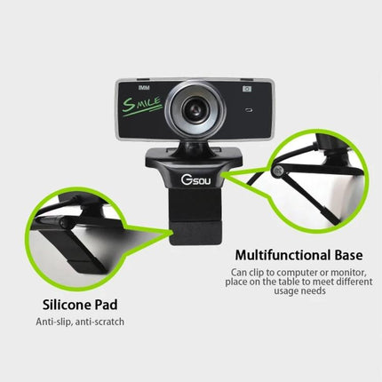 HD USB Webcam with Built-in Microphone for Video Calls - 480P plug-and-play webcam with multifunctional clip base and silicone anti-slip pad