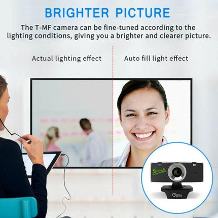 HD USB Webcam with Built-in Microphone for Video Calls showing brighter picture demo with auto fill light effect and smiling woman
