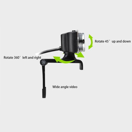 HD USB Webcam with Built-in Microphone for Video Calls showing adjustable 360° swivel and 45° tilt, clip mount and USB cable for easy plug-and-play