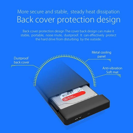 Alt Tag: ORICO 2.5 Inch Hard Drive Enclosure for Everyday Storage Use showing back cover protection design, dustproof cover, metal cooling panel and anti-vibration mat