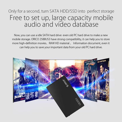 ORICO 2.5 Inch Hard Drive Enclosure for Everyday Storage Use black portable SATA HDD SSD enclosure showing media playback background